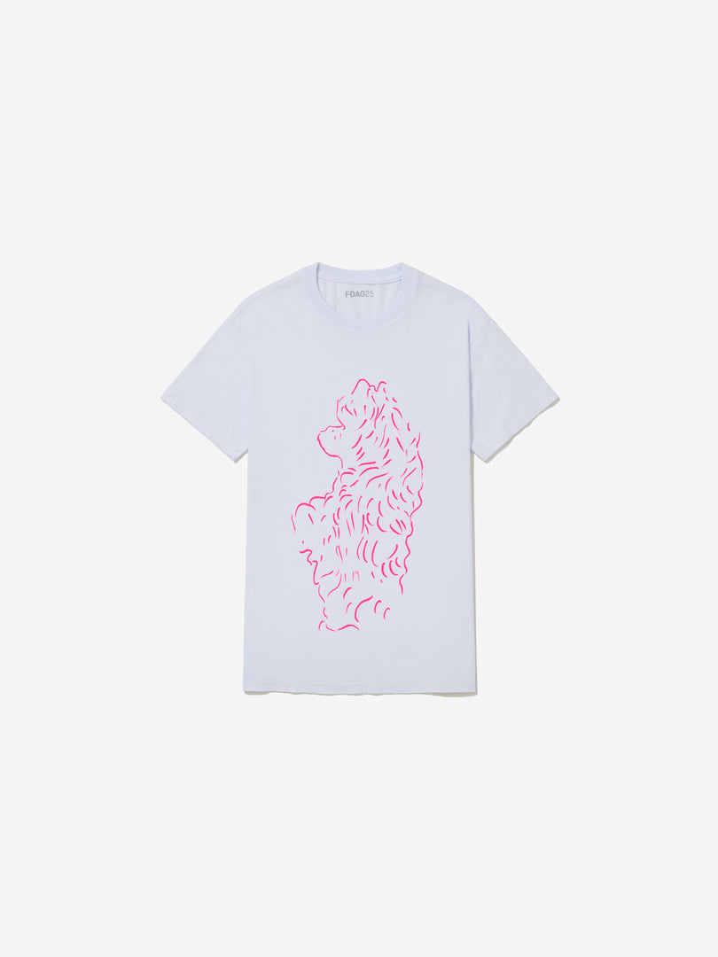 Vista frontal, com fundo cinza, da camiseta de Tamar Guimarães.